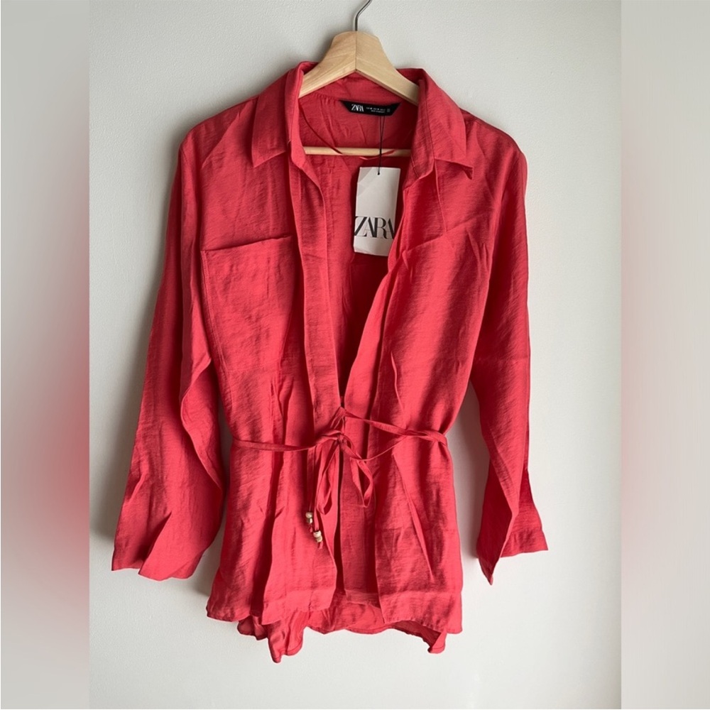 Zara, Coral, Belted wrap shirt, Medium - Picture 7 of 13